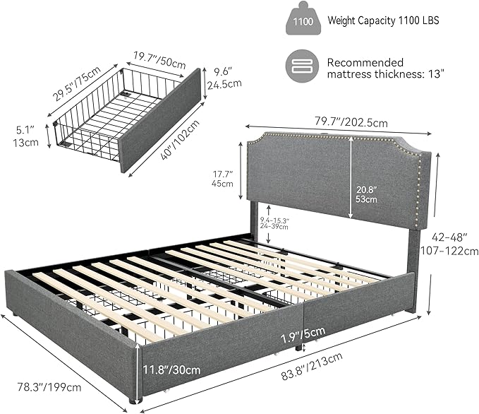 YITAHOME King Bed Frame with 4 Storage Drawers, Upholstered Platform Bed Frame with Adjustable Rivet-Trimmed Headboard, USB & Type-C Charging Ports, Wooden Slats, Easy to Assemble (Gray)
