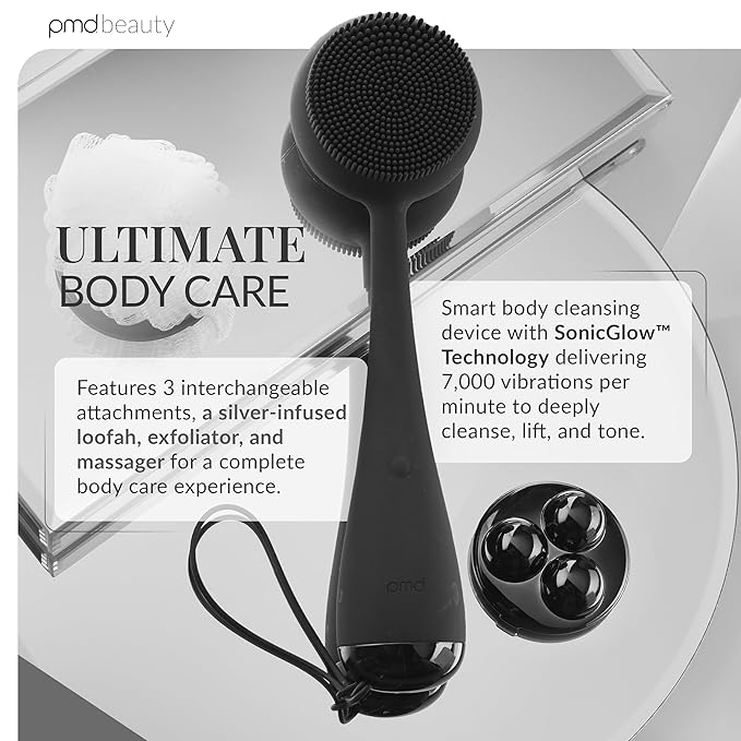 PMD Clean Body - Smart Body Cleansing Device with Silicone Brush & Three Interchangeable Attachments - Waterproof - SonicGlow Vibration - Cleanse, Exfoliate, & Massage Body