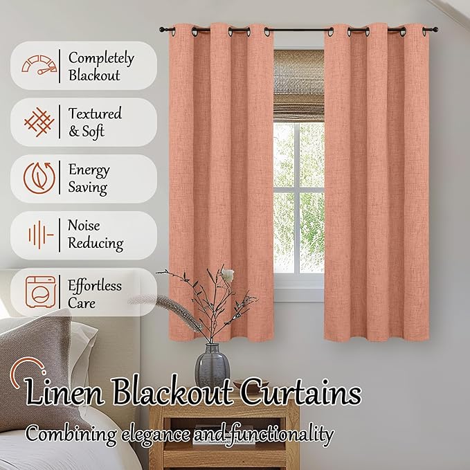 Linen Blackout Curtains for Bedroom Narrow Window, 38 Inch Wide Thermal Insulated Light Blocking Privacy Small Curtains for Basement Fall Living Room, 38x63 Inch 2 Panels, Terracotta