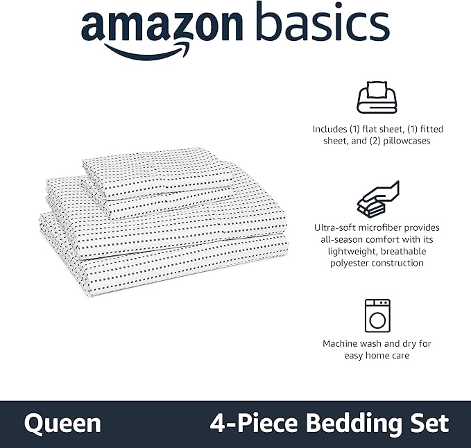 Amazon Basics Lightweight Microfiber 4-Piece Bed Sheet Set, Plum, Printed, Queen