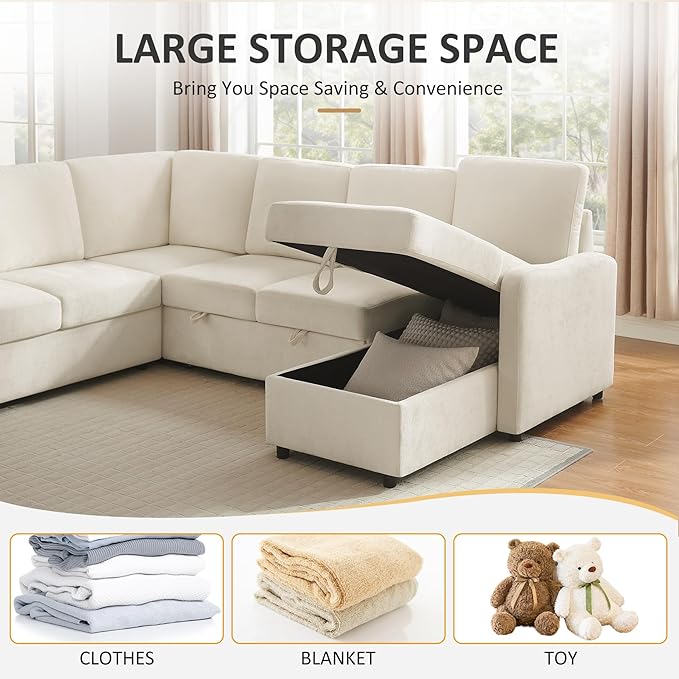 111'' Sectional Sleeper Sofa with Pull Out Bed, U Shaped 6 Seat Modular Couch with Storage Chaise, Modern Sectional Couch, Cloud Chenille Sofa Bed for Living Room Apartment, Beige