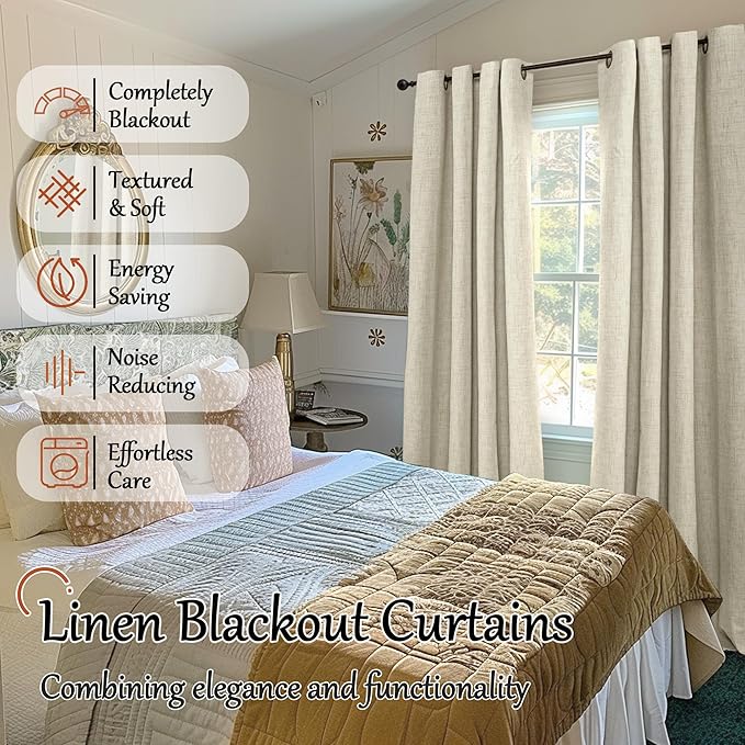 Blackout Curtains for Bedroom - Linen Black Out Curtains 84 Inch Long Thermal Insulated Burlap Grommet Window Drapes for Farmhouse Living Room Darkening, 2 Panels, Each 52" Wide, Natural Cream