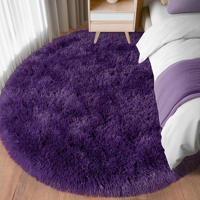 Round Purple Rug for Bedroom, 6 ft Circle Area Rugs for Living Room, Soft Fluffy Shag Carpet for Teen Girls Boys Nursery Room Dorm Home Decor Aesthetic