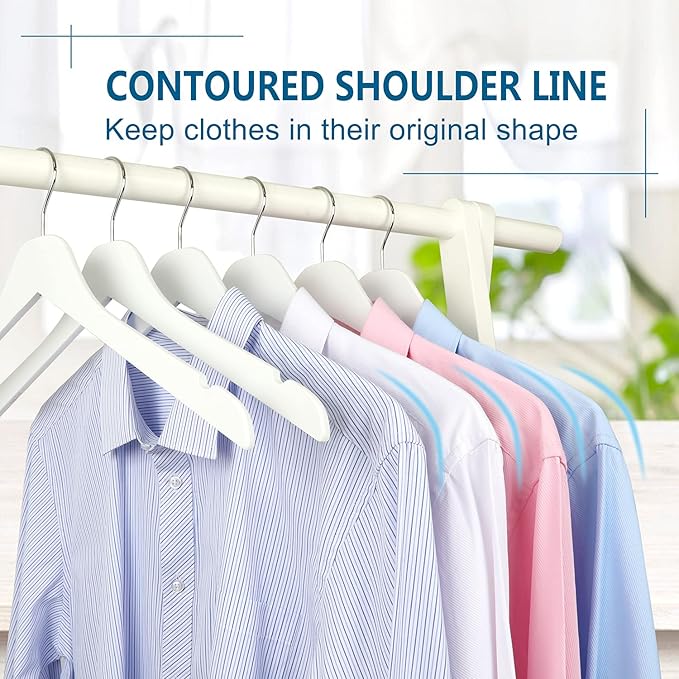 TOPIA HANGER White Wooden Hangers 30 Pack, 0.28 inch Slim Wood Clothes Hanger with Flat Design and Smooth Notches, Lightweight & Durable Space Saving Hangers for Shirt, Coat, Camisole-CT31W