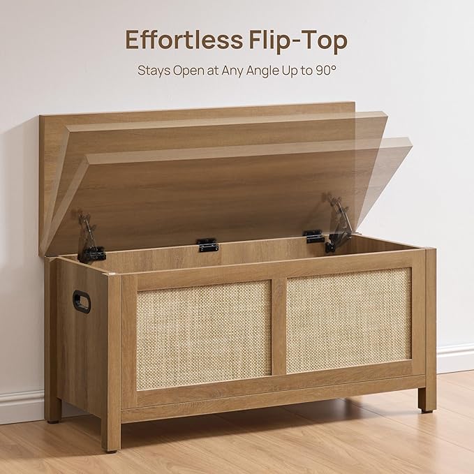 SICOTAS Rattan Storage Chest - 39.4" Storage Bench for Bedroom, Boho Storage Truck with 2 Safety Hinges and Flip Top for Living Room Entryway, Supports 220 lb, Oak