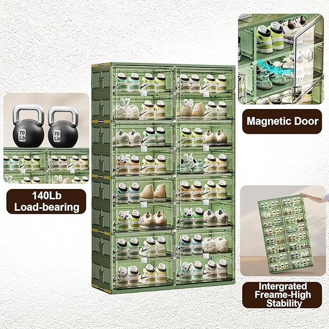 Portable Shoe Storage Cabinent of 3-Step Fast Installation,Green Foldable Shoe Organizer Box with Magnetic Clear Door for Entryway, Enclosed Shoe Rack for Sneaker, Heels etc.. (Green, 1Row 2Tier)