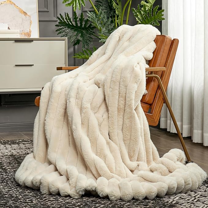 Cozy Bliss Faux Fur Throw Blanket for Couch, Cozy Warm Plush Striped Blanket for Sofa Bedroom Living Room, 108 * 90 Inches Beige