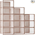 Kuject X-Large Shoe Storage Boxes Organizers for Closet 12 Pack, Fit Size 11,Clear Plastic Stackable Sneaker Containers for Entryway, Space Saving Shoe Rack,Substitute for Drawer Organize Unit, Brown
