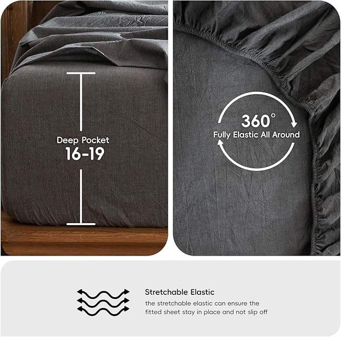 MooMee Bedding Sheet Set 100% Washed Cotton Linen Like Textured Breathable Durable Soft Comfy (Heathered Dark Grey, King)