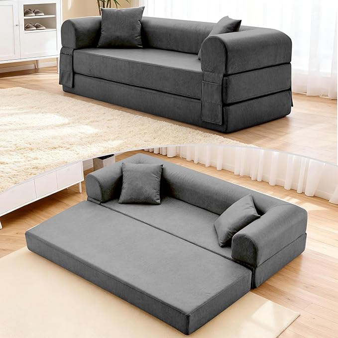 78.5" Convertible Sleeper Sofa Bed, Faux Leather Deep Seat Folding Floor Sofa with Pullout Bed & 2 Pillows, No Assembly Modern Boneless Couch Compression Sofa in Box for Living Room, Office, Gray