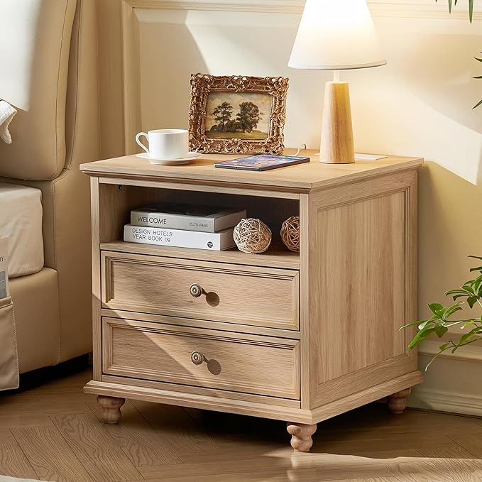24" Wide Farmhouse Nightstand Set of 2 with Charging Station,End Table with 2 Drawers,Natural Wood Dresser for Bedroom Cabinet, Bed Side Table Chest of Drawers, Night Stand for Living Room