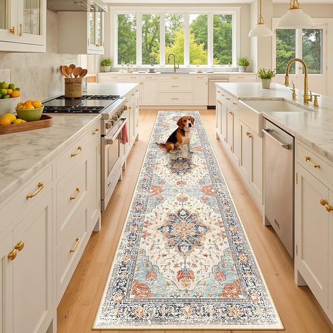 Area Rugs 2'x10' Washable Non-Slip, Floral Vintage Distress Print Pattern Medallion Carpet for Living Room Bedroom Dining Room, Beige Navy Blue Orange Colorful