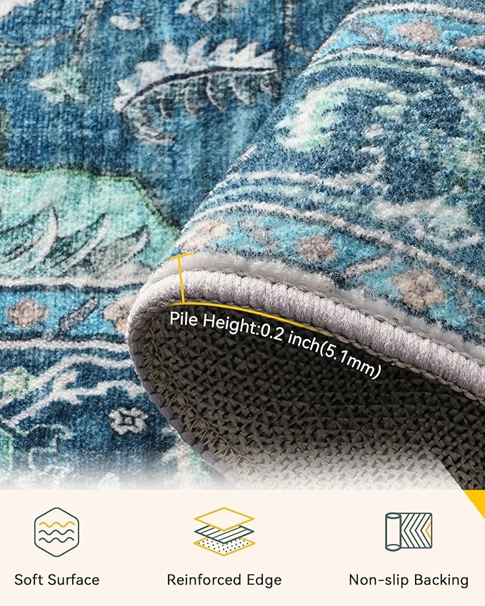 Area Rugs 5'x7' Washable Non-Slip, Floral Vintage Distress Print Pattern Medallion Carpet for Living Room Bedroom Dining Room, Teal Green Lake Blue Turquoise