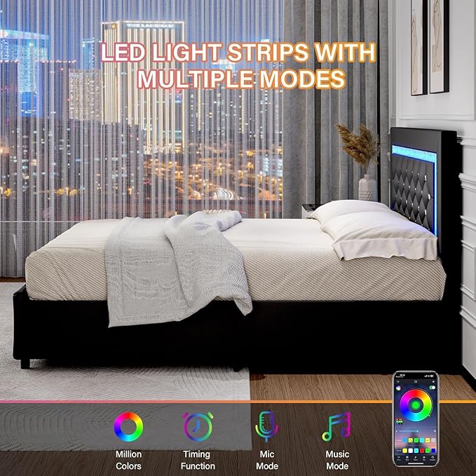 BarnFurin Full Size Bed Frame with LED Lights, Upholstered Bed Frame with Storage Drawers, Modern Platform Bed with Diamond Headboard and Footboard, No Box Spring Needed, Black