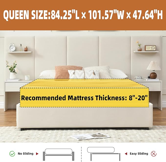 Queen Bed Frame with Storage & Built-in Nightstands, Velvet Upholstered Platform Bed Frame with Drawers & 2 Floating Storage Shelves, Noise-Free, No Box Spring Needed, Easy Assembly, Beige