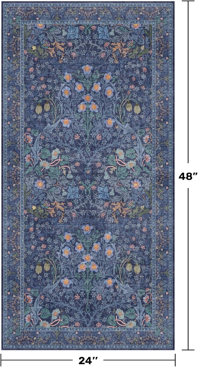 Dark Blue Washable 2x4 Entry Rug - Front Door Rugs Indoor, Vintage Floral Style Small Rug for Kitchen, Bathroom, Non-Slip Boho Navy Entryway Décor