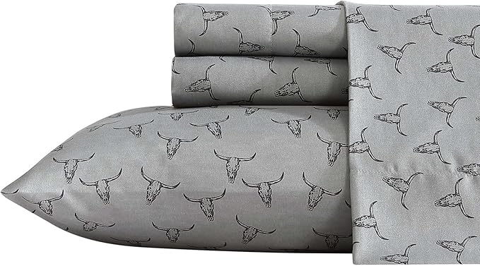 Wrangler - Full Bed Sheets, Ultra-Soft & Lightweight Bedding with Matching Pillowcases, Lightweight Bed Set for All Season Comfort, Oeko-Tex Certified (Steer Skulls Grey)