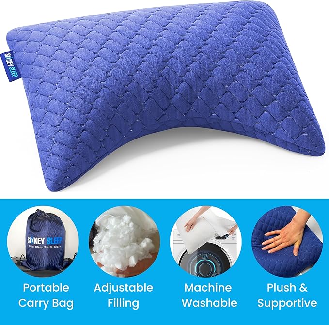 Sidney Sleep Mini Travel Size Neck Pillow - Knee, Back Lumbar and Support - Small Curved Pillow - Adjustable Fill - Washable Case - Drawstring Backpack Included - 14 x 19 Inches (Mini - Blue)