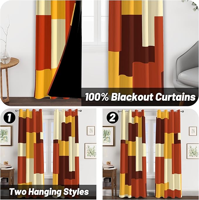 Rust Burnt Orange 100% Blackout Curtains for Bedroom 96 inch Long 2 Panels Set Modern Abstract Geometric Black Out Curtains Insulated Room Darkening Window Drapes for Living Room, 52Wx96L