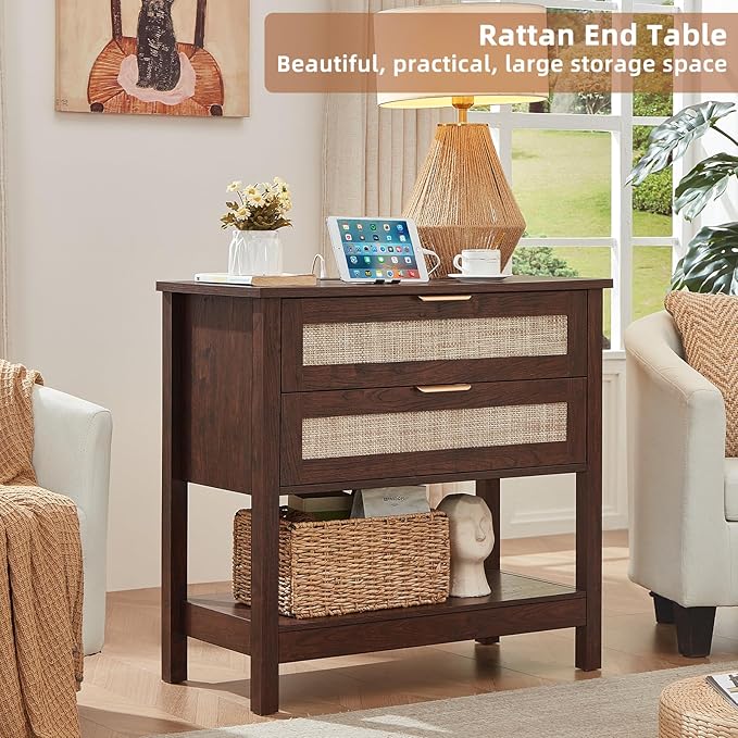LEYAOYAO 31.5" Wide Rattan Night Stand with Charger Station, Oversized Large Walnut Nightstand with 2 Drawer, Boho Bed Side End Tables with Storage, Tall Bedside Table for Bedroom Living Room, Hallway