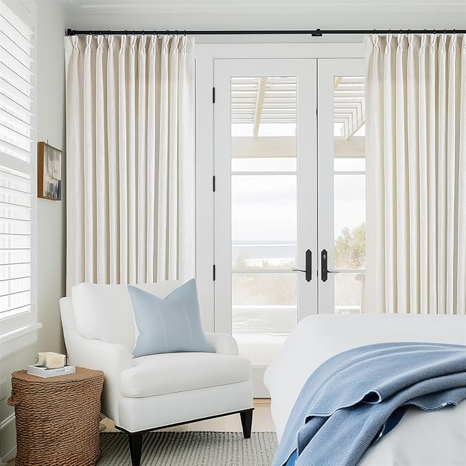Pinch Pleated Extra Wide Curtain Panels 90 Inches Long 70 Wide Linen Curtain for Patio Sliding Glass Door Cream Hooks Rings Semi Sheer Privacy 90 Inch Length for Living Room 70x90 1 Panel