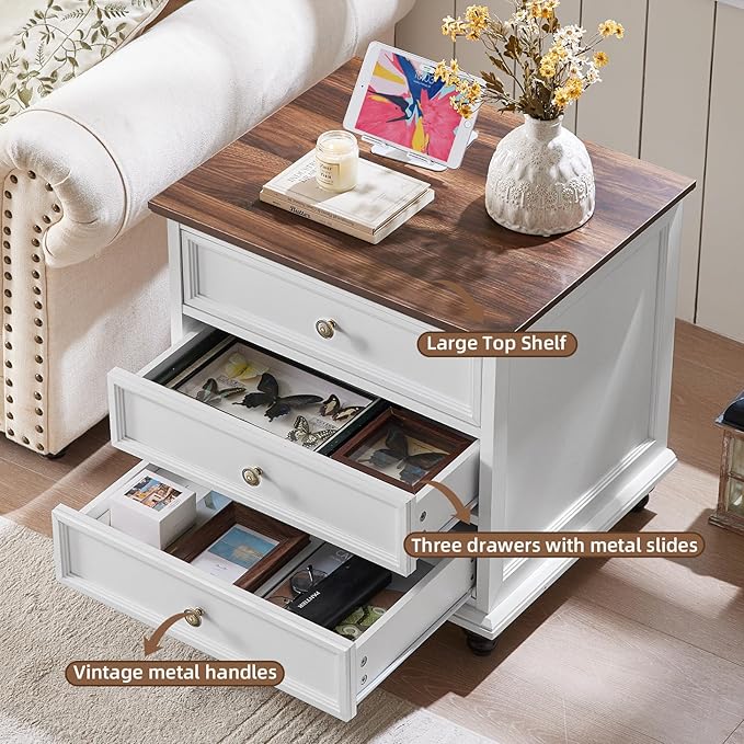 24" Wide Farmhouse Night Stand,Large End Table with 3 Drawers & Metal Handle,White Wood Dresser for Bedroom Cabinet, Bed Side Tabl·e Chest of Drawers,Nightstand for Living Room