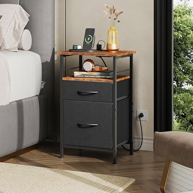 WLIVE Nightstands Set of 2, Night Stand Set 2 with Charging Station, Bedside Tables for Bedroom, Side Table with 2 Fabric Drawers, Small Dresser, USB Ports and Outlets, Black and Rustic Brown