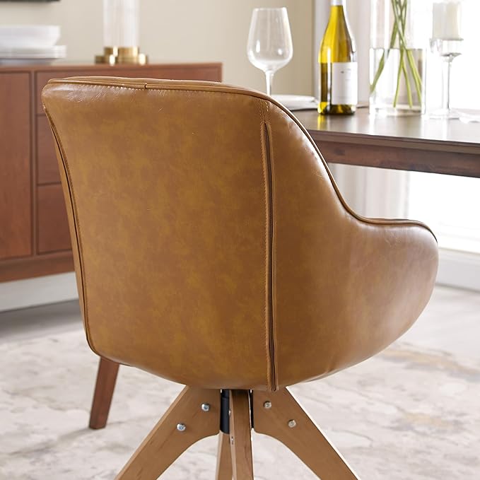 Zouron Mid Century Modern Accent Chairs with Wooden Legs, Swivel Desk Chair No Wheels, Faux Leather Vanity Side Chair for Small Space Home Office Living Room Bedroom, Brown