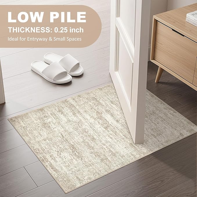 2x3 Entryway Area Rug: Washable Neutral Modern Abstract Small Rug - Non-Slip Low Pile Throw Indoor Carpet for Entrance Kitchen Front Door Mat Bathroom Entry Kids Room - Vintage Beige