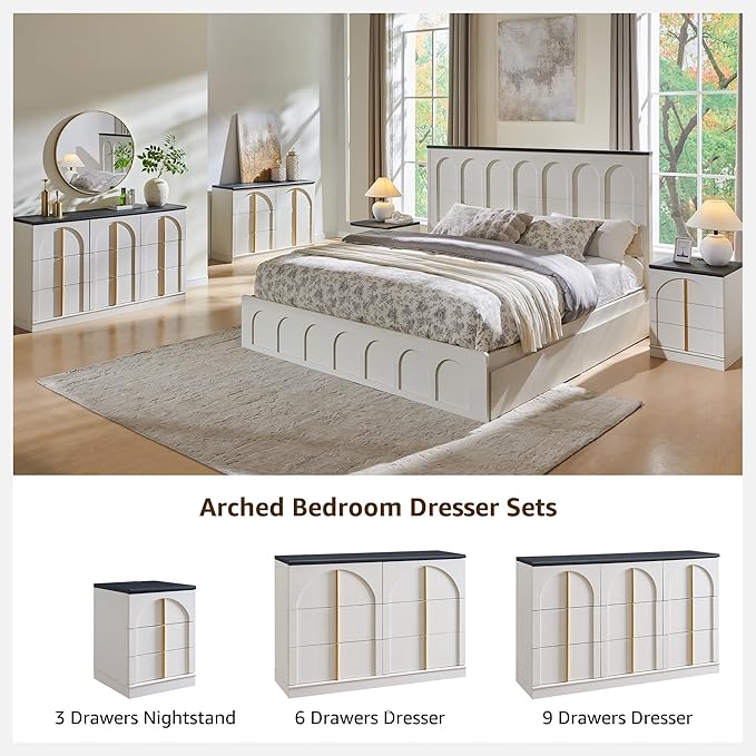 ACCOHOHO Arched Dresser for Bedroom with 9 Drawers, 52" Wide Modern Chest of Drawers with Rounded Edge & Metal Handles, Wood Storage Closet Dressers TV Stand for Living Room, Hallway, White