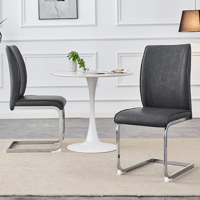 Dining Chairs Set of 4,Faux Leather Dining Chairs,Upholstered Kitchen Chairs with High Back,Modern Armless Side Chairs with Sturdy Chrome Plated Metal Legs for Living Room(Grey,4)