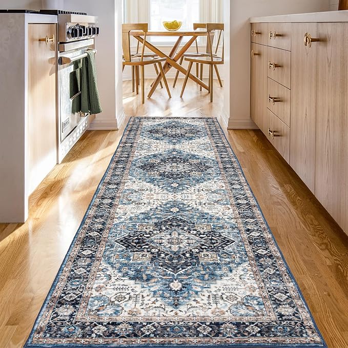 Runner Rug 2×8, Vintage Boho Rug,Ultra-Soft Low Pile, Washable, Non Slip,Stain Resistant Printed Carpet for Hallway Kitchen Living Room Bedrooms Playroom Office, Blue/Navy