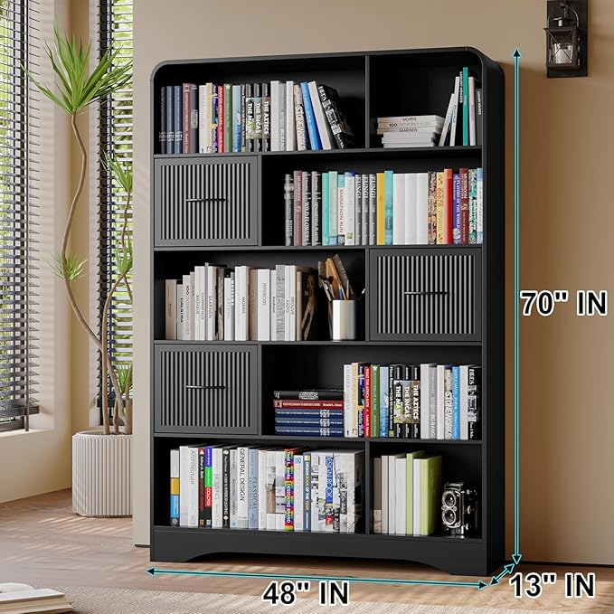 5 Piece Bedroom Sets, Modern Dresser and Nightstand Sets & Bookshelf with Safe Curved Design, Including Tall Bookshelf High & Wide 6 Drawer Dressers and Night Stand Set of 2 for Bedroom, Black