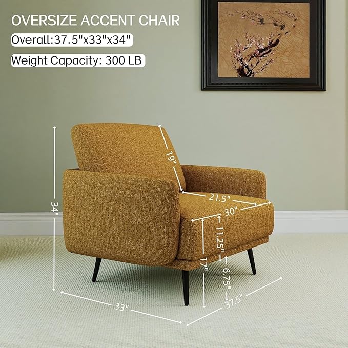 Oversized Accent Chair for Living Room Cozy Reading Chairs Mid-Century Modern Accent Chairs Armchair with Metal Legs Single Sofa Chair for Home Office (Set-of-2, Polyester Fabric- Pumpkin Orange)