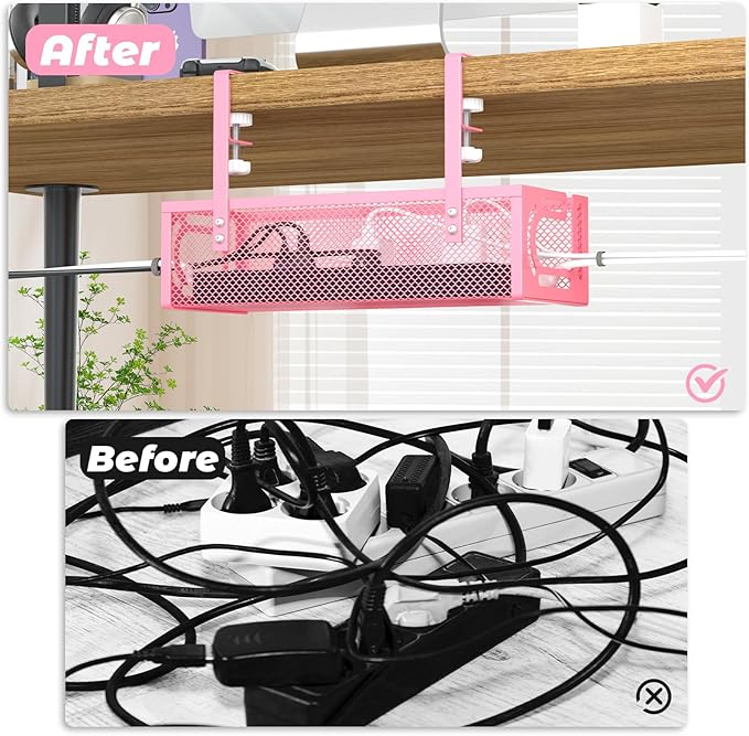 Under Desk Cable Management Tray, 15.7'' No Drill Steel Desk Cable Organizers, Wire Management Tray Cable Management Rack (1 Pack-Pink)
