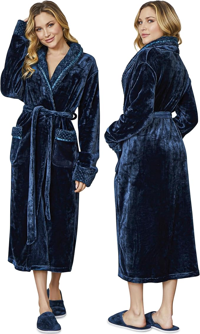 Lotus Linen Plush Robes for Women - Soft Bathrobe, Custom Monogram, Warm Fleece Robe with Pockets