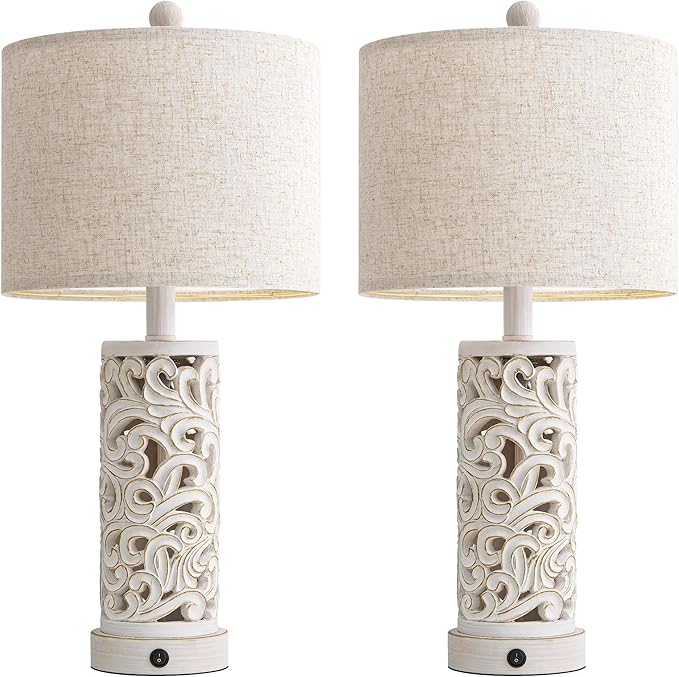 OYEARS 22'' Table Lamp Set of 2 for Living Room,Farmhouse Lamp for for Bedroom,Vintage Retro Bedside Lamps with USB Ports Linen Shade for Home Office (Wash White, Bulb Included)