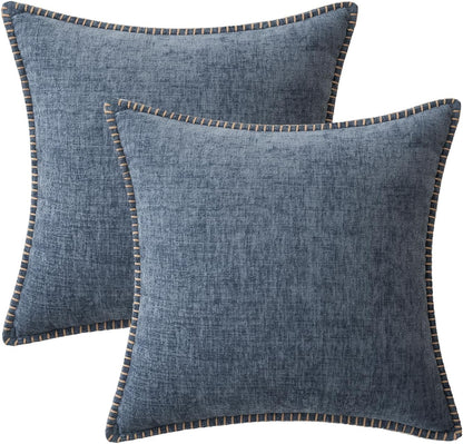 MIULEE Pack of 2 Couch Throw Pillow Covers 18x18 Inch Dark Grey Blue Farmhouse Decorative Pillow Covers with Stitched Edge Soft Chenille Solid Dyed Spring Pillow Covers for Sofa Bed Living Room