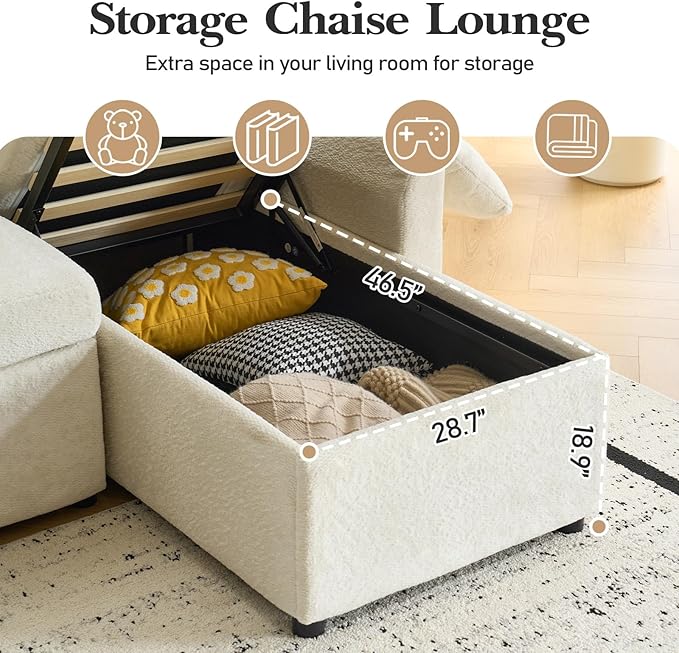 VINGLI Convertible Sofa Bed, U-Shape Sectional Couches for Living Room Sleeper Sofa with Pull Out Couch Bed Cloud-Like Plush Fleece Sofa Couch with Storage Chaise, USB Charging, Side Pockets