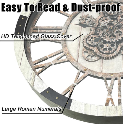 DORBOKER 24" Large Wall Clock with Moving Gears,Oversize Vintage Industrial Rustic Farmhouse Clocks for Living Room Decor Office Home,Solid Wood Retro Metal HD Tempered Glass Cover,Desert Beige