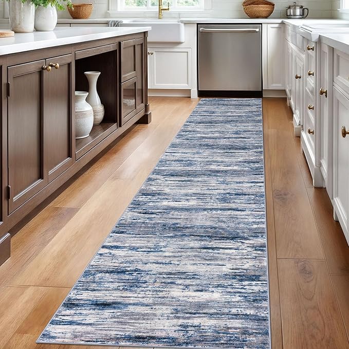 2x12 Modern Abstract Runner Rug for Hallways, Navy Blue Gray Neutral Multi Super Soft Hallway Decor Kitchen Rugs with Non-Slip, Non-Shedding Washable Rug for Entryway Bedroom Indoor
