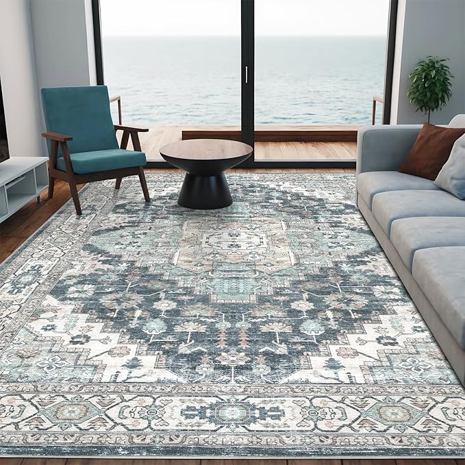 4x6 Vintage Washable Area Rug for Living Room,Low Pile Non Slip Carpet Non-Shedding Small Area Rug Soft Indoor Stain Resistant Rug Boho Print Mat for Bedroom Dining Room Blue Beige Multi