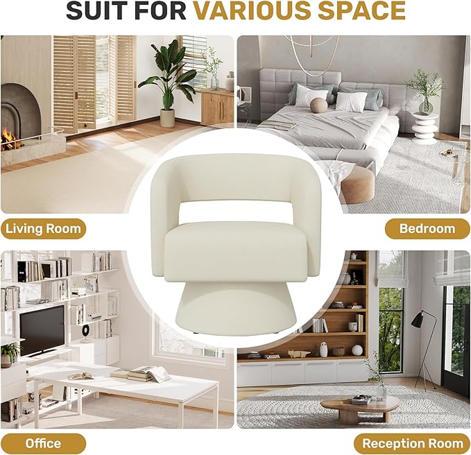 Swivel Accent Chair, Modern Comfy Chenille Barrel Chairs, Oversized Upholstered Round Arm Chair for Living Room, Bedroom, Reading Room, Beige, 1 PCS
