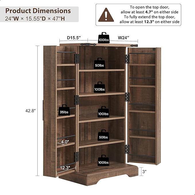 ACCOHOHO 47" Kitchen Pantry, Farmhouse Storage Cabinet with Barn Doors, Organizer and Adjustable Shelves, Rustic Wood Cupboard for Kitchen, Dining Room, Bathroom and Hallway, Rustic Brown