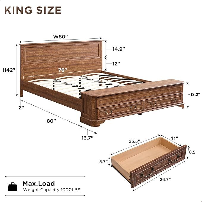 T4TREAM Farmhouse King Bed with Headboard and Storage Bench, Rustic Wood Platform Bed with 80" Storage Chest w/ 4 Large Drawer, Dark Brown