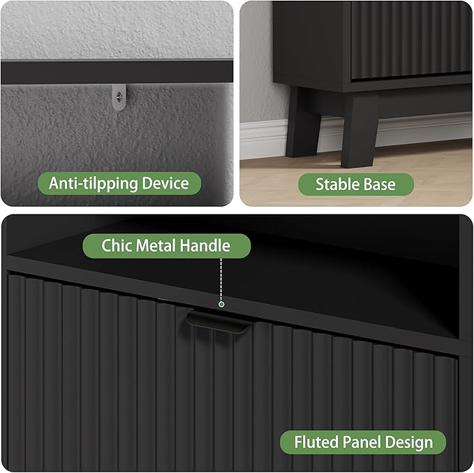 Shoe Cabinet with 4 Flip Drawers, 46" Tall Narrow Fluted Shoe Storage Organizer for Entryway, Hidden Slim Wooden Shoe Rack Cabinet for Front Door Entrance, Hallway, Living Room, Solid Black