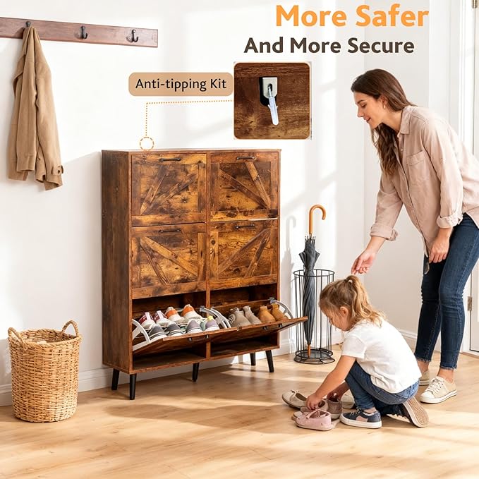 VINGLI 6 Flip Drawer Shoe Cabinet for Entryway, Rustic Brown Shoe Storage Cabinet with 5 Solid Wood Legs, Farmhouse Barn Door Design Tall Shoe Organizer for Hallway, Bedroom, or Living Room