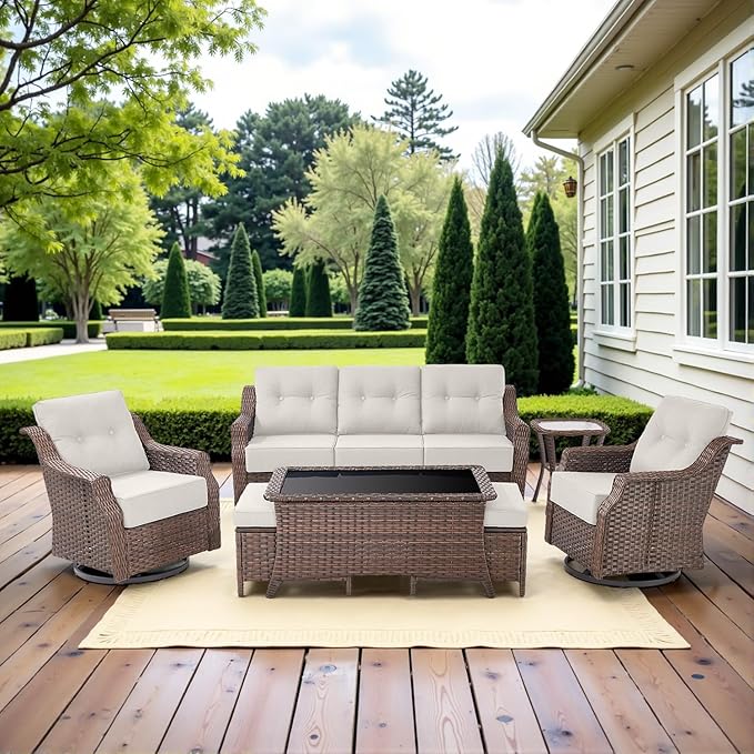 Belord 7 Piece Patio Furniture Set - High Back Swivel Rocker Glider Outdoor Chairs with 3-Seat Sofa and Ottoman, All-Weather Removable 6" Blue Cushion for Patio Conversation and Family Reunion