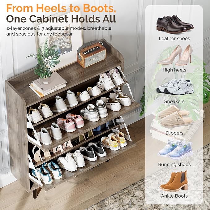 VINGLI Shoe Storage Cabinet for Entryway with 2 Flip Drawers, Ultra Slim Freestanding Entryway Shoe Organizer with Wood Tapered Legs,Hidden Closed Shoe Rack,31.6" W * 9.4" D * 39.4" H, Grey Oak