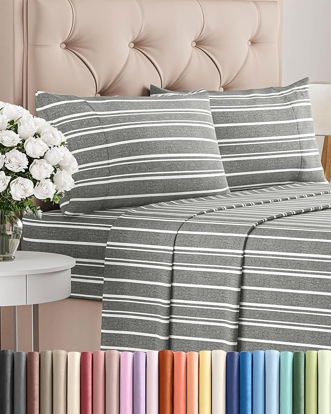 Twin XL 4 Piece Sheet Set - Cooling, Comfy & Breathable - Hotel Luxury Bedding Includes Fitted Sheet for Women, Men, Kids & Teens - 1 Flat, 1 Fitted Sheet, 2 Pillowcases w/Deep Pockets - Grey Stripes